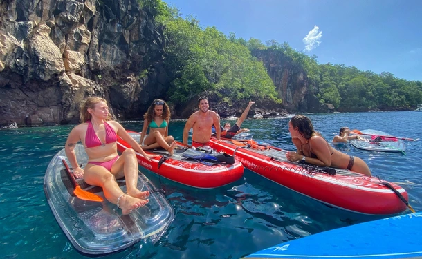 Step paddle on translucent water