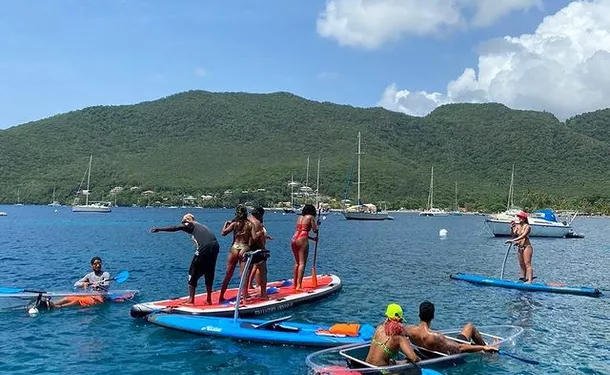 Step paddle on translucent water